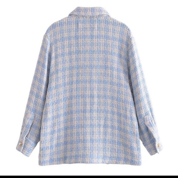 Zara Blue White Houndstooth Tweed Pearl Jewel Button Overshirt Shacket Jacket M - Picture 6 of 11